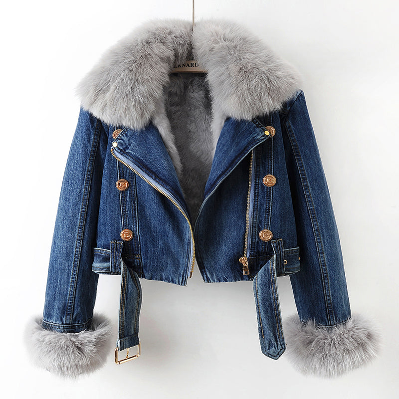 Lorena™ – Denim Jas met Luxe Imitatiebontkraag