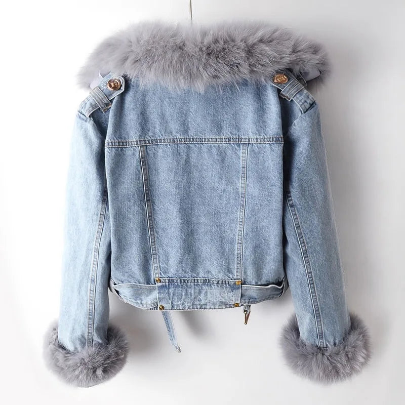 Lorena™ – Denim Jas met Luxe Imitatiebontkraag